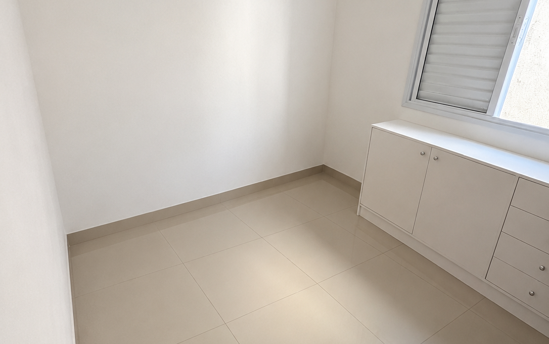 Quarto Minimalista com Janela e Armário Branco